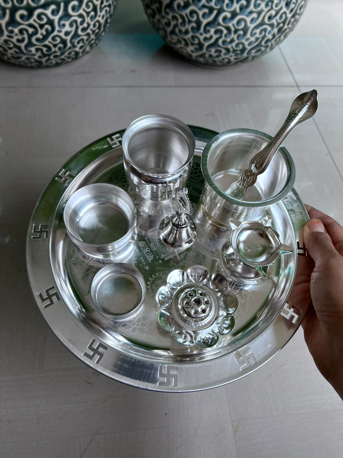 german silver pooja thali set for diwali/ housewarming pooja - 8 pieces set